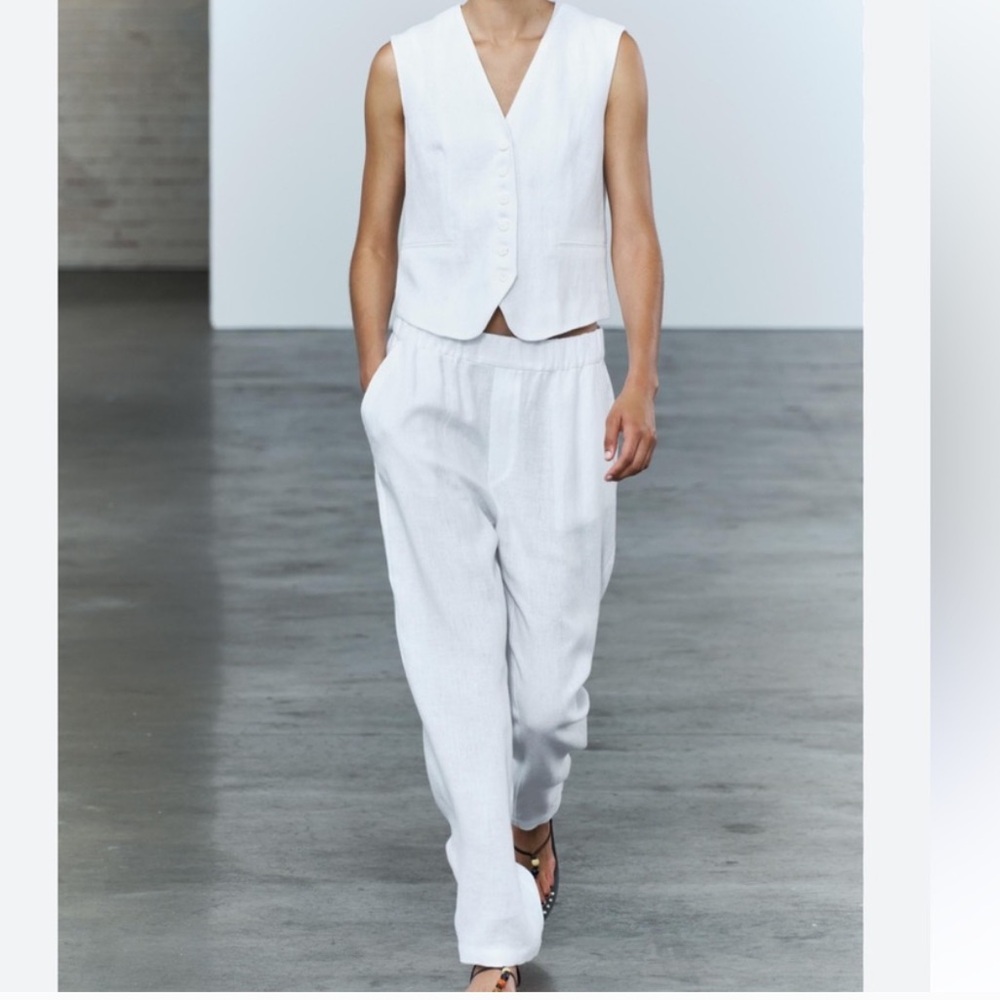 ZARA ZW Collection 100% Linen Pajama Pants White Pull On Drawstring Womens L